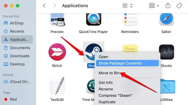 Select Application and Move to Bin on mac