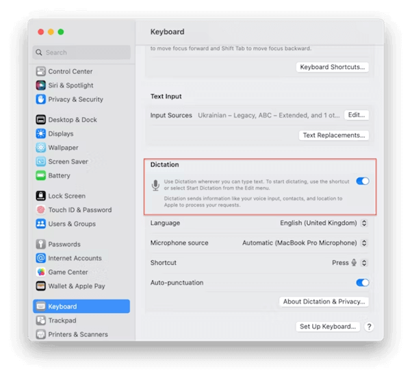Keyboard dictation enable on mac