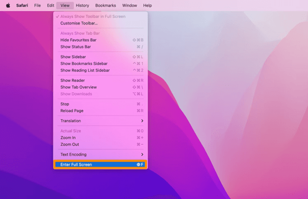 Keyboard shortcut for Full screen on mac