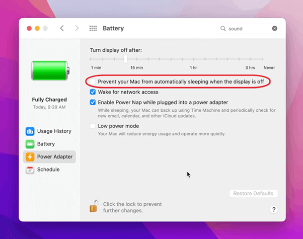 Prevent automatic sleeping of mac when power is off